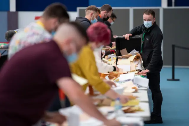 An election count in Cardiff