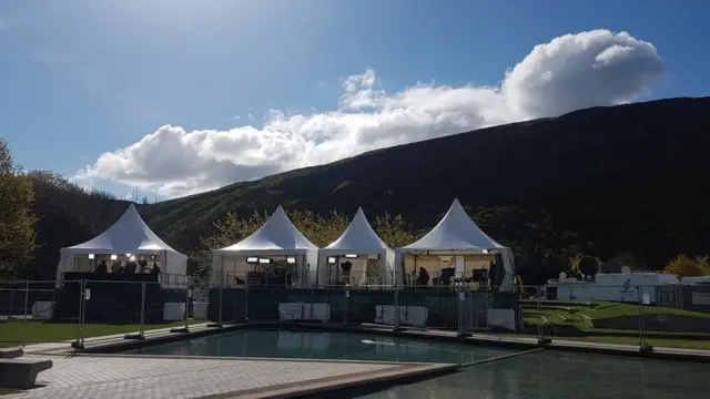 Tented studios for the media in front of the Holyrood parliament