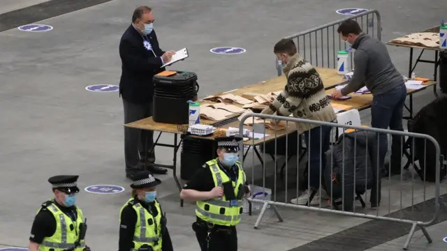 Alba party leader Alex Salmond watched counters getting ready to begin in Aberdeen