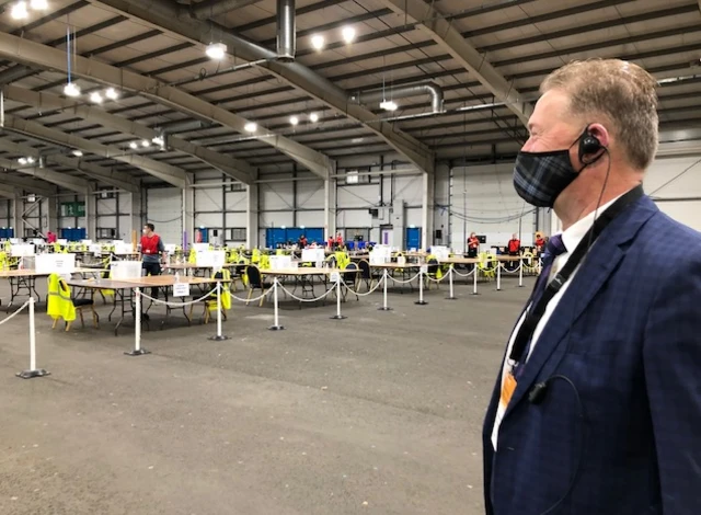 Returning Officer Andrew Kerr keeping an eye on the set up of the Edinburgh count