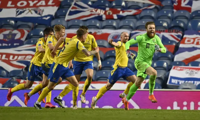 Zander Clark celebrates as St Johnstone find a late, late leveller at Ibrox