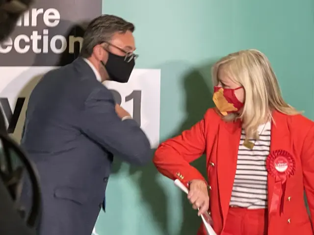 New West Yorkshire mayor Tracy Brabin shares a celebratory elbow bump at the declaration.