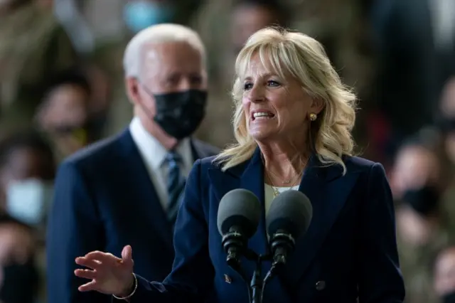 First Lady Jill Biden addresses US military personnel at RAF Mildenhall in Suffolk, ahead of the G7 summit in Cornwall.