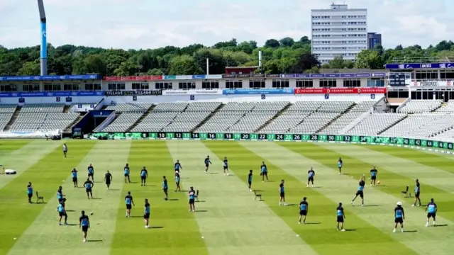 Players practising at Edgbaston