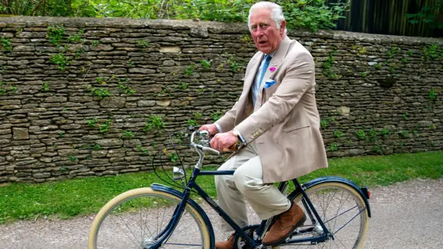 Prince Charles cycling at his home Highgrove House, Tetbury, on Thursday