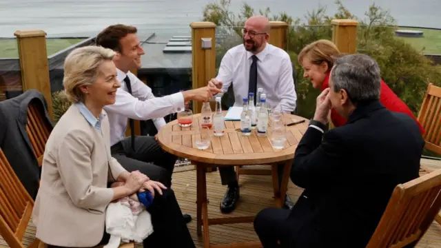 Ursula von der Leyen, Emmanuel Macron, Charles Michel, Angela Merkel and Mario Draghi meet at the G7 summit