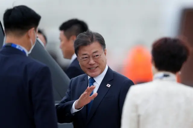 South Korea's President Moon Jae-in arrives at Cornwall Airport Newquay for the G7 summit