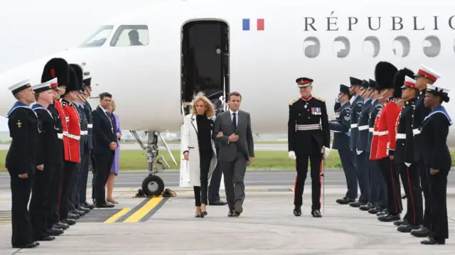 Emmanuel Macron and his wife Brigitte arrive in Newquay