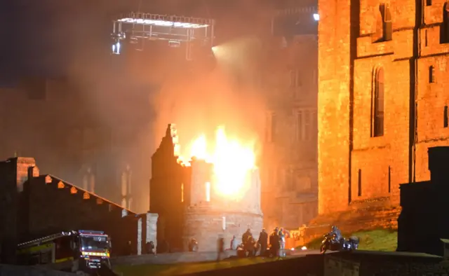 Closer view of fire during filming at Bamburgh Castle