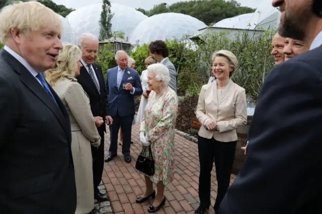 The Queen speaks to Joe and Jill Biden at the G7 reception