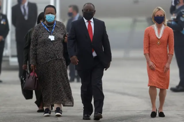 President of South Africa Cyril Ramaphosa arrives at Cornwall Airport Newquay for the G7 summit