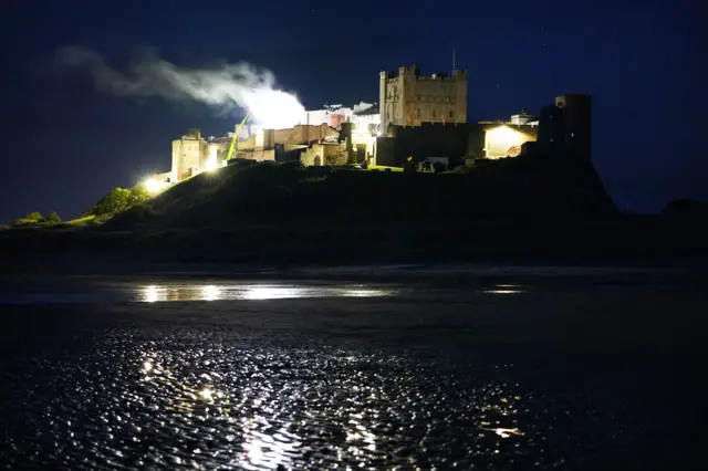 Shot of smoke coming from Bamburgh Castle during filming