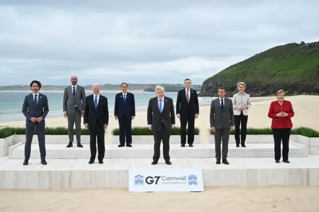 Canadian Prime Minister Justin Trudeau, President of the European Council Charles Michel, US President Joe Biden, Japanese Prime Minister Yoshihide Suga, British Prime Minister Boris Johnson, Italian Prime Minister Mario Draghi, French President Emmanuel Macron, President of the European Commission Ursula von der Leyen and German Chancellor Angela Merkel