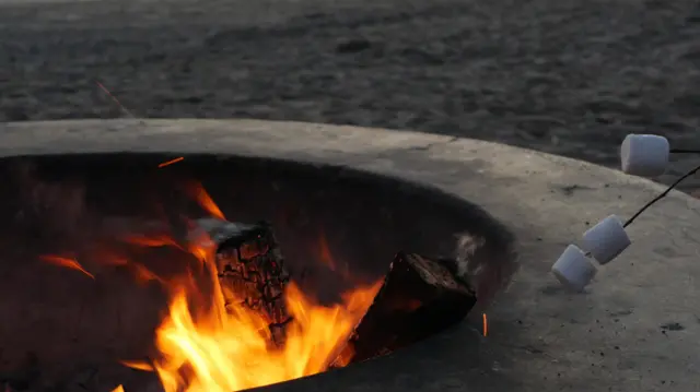 Marshmallows being toasted at a beach barbecue (stock photo)