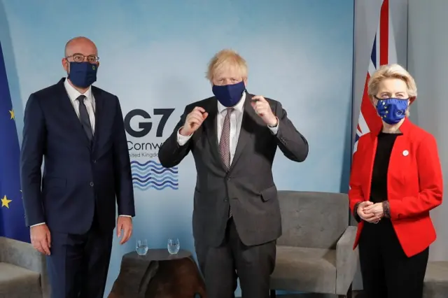 Prime Minister Boris Johnson (centre) with European Commission President Ursula von der Leyen and European Council President Charles Michel