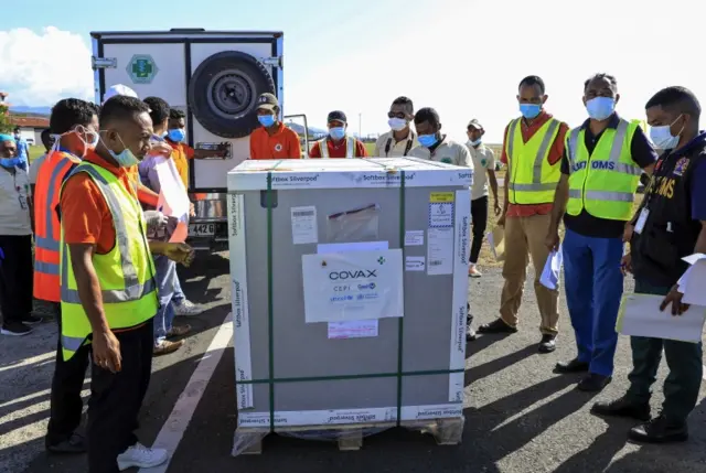 A container of Astra-Zeneca vaccine arrives at Nicolau Lobato International Airport in Dili, East Timor, last week