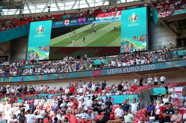 Fans watch the game inside Wembley
