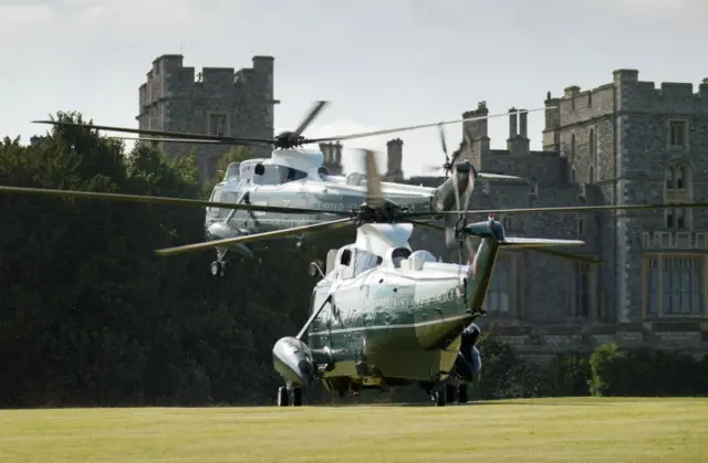 Marine One lands at Windsor Castle with U.S. President Joe Biden and first lady Jill Biden aboard for their visit with Queen Elizabeth II