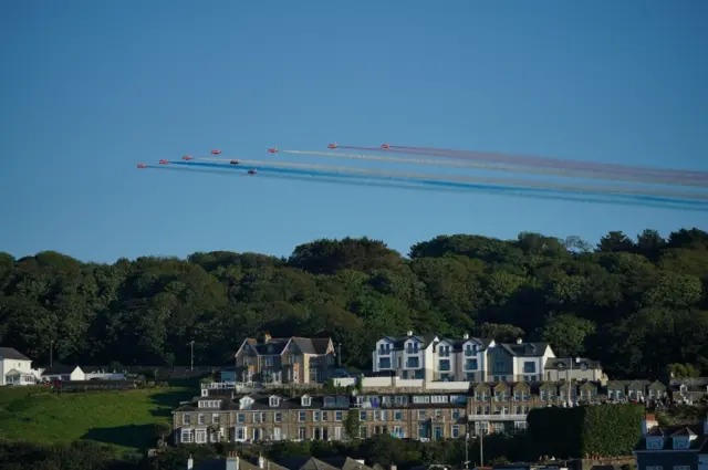 The Red Arrows fly over St Ives Head, during the G7 summit in Cornwall.