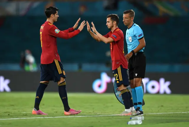 Pablo Sarabia comes on for Alvaro Morata