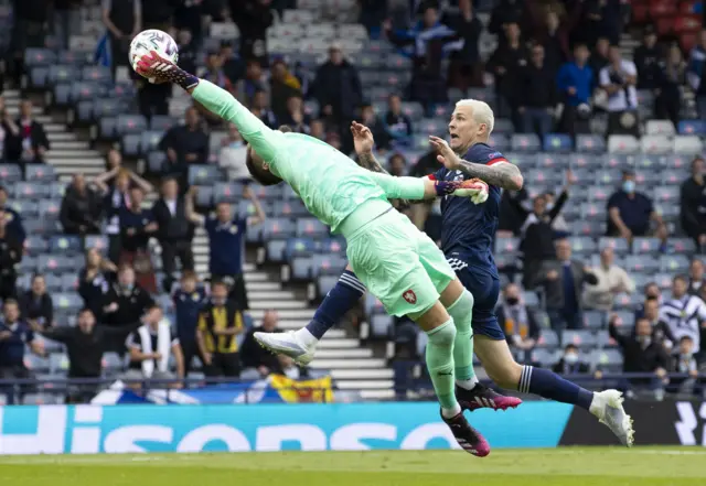 Tomas Vaclik makes a stretching save at Hampden