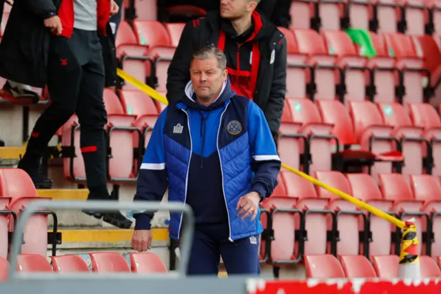 Steve Cotterill the head coach / manager of Shrewsbury Town during the Sky Bet League One match between Crewe Alexandra and Shrewsbury Town at The Alexandra Stadium on May 9, 2021 in Crewe, England.