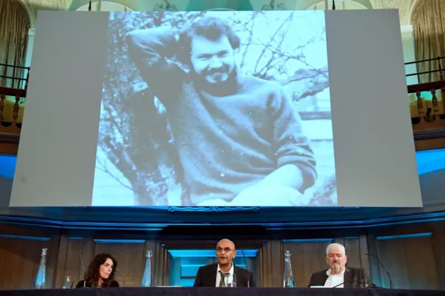 Alastair Morgan (right), the brother of murdered private investigator Daniel Morgan, with his partner Kirsteen Knight and family solicitor Raju Bhatt (centre) at a press conference earlier