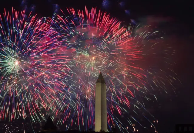 Fireworks are seen over the Washington Monument on 4 July 2020