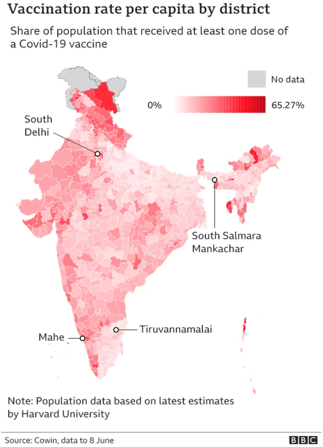 Vaccine rate per capita by district in India