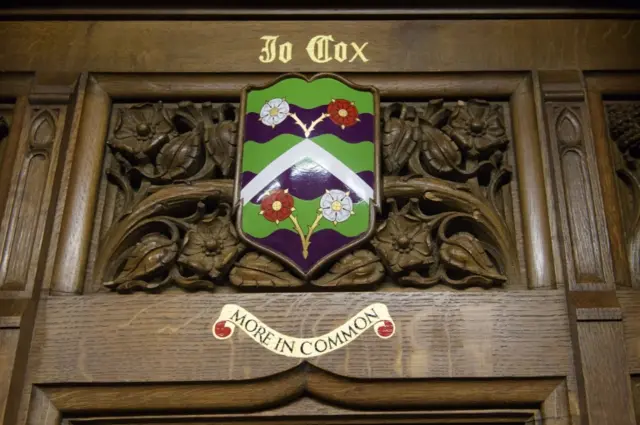 A coat of arms was place in the Commons chamber in 2017 in honour of murdered MP Jo Cox.