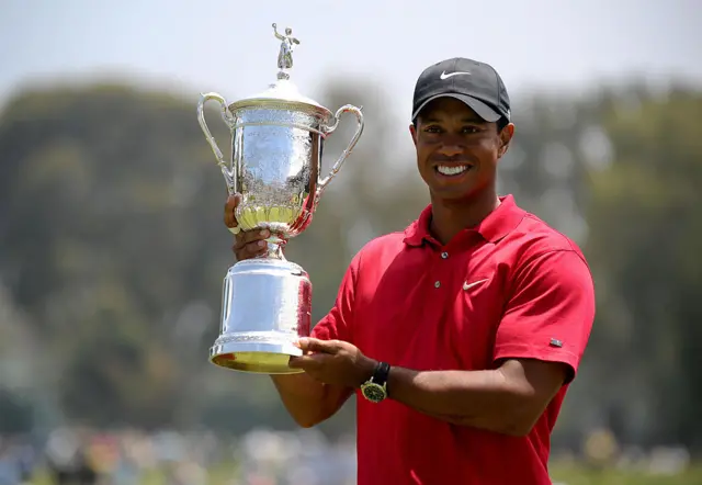Tiger Woods holds the US Open trophy after winning at Torrey Pines in June 2008