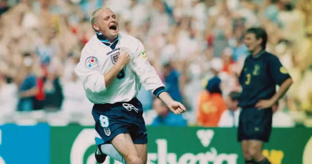 Paul Gascoigne celebrates at Wembley