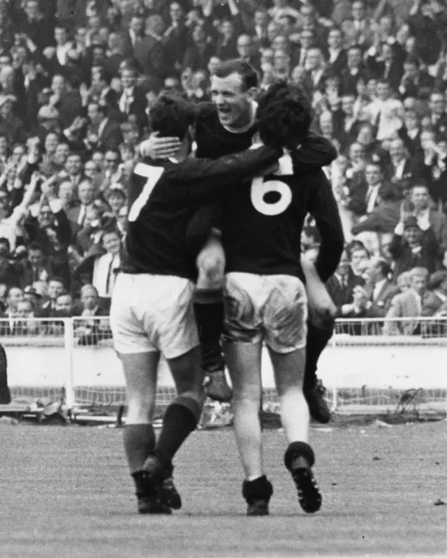 Bobby Lennox celebrates his goal for Scotland in 1967