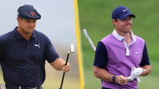 A split picture of Bryson DeChambeau and Rory McIlroy