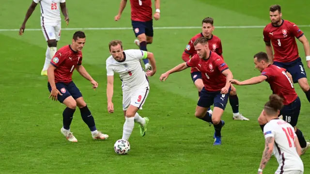 Harry Kane surrounded by defenders