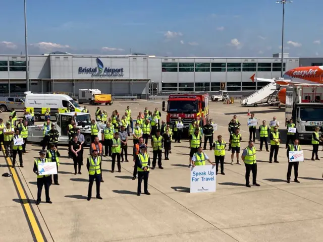 Air travel industry workers protesting at Bristol Airport