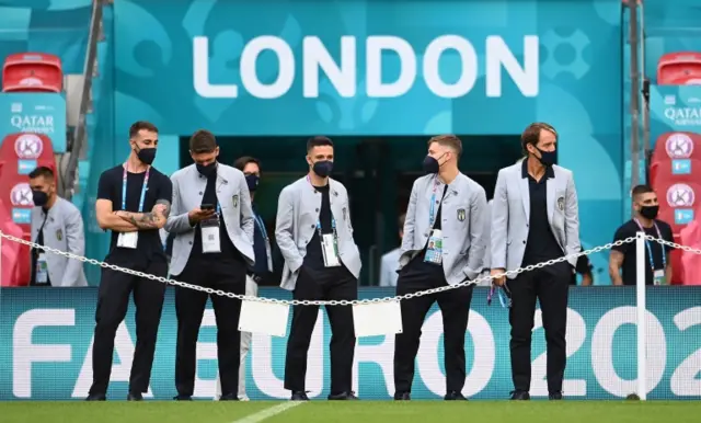 Italy players and coach Roberto Mancini at Wembley the day before their Euro 2020 last-16 tie with Austria