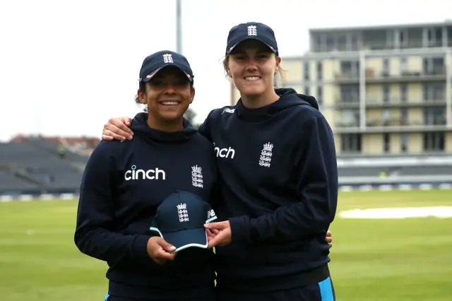 Sophia Dunkley is presented her ODI cap by Nat Sciver