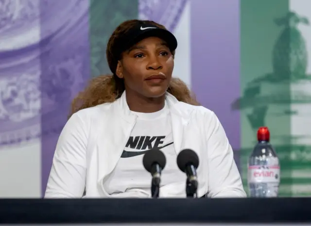 Serena Williams speaking at a news conference at Wimbledon in London on 27 June 2021