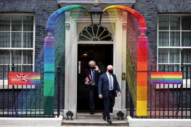 Boris Johnson has just left No 10 under the Pride rainbow arch as he heads to the Commons for PMQs.