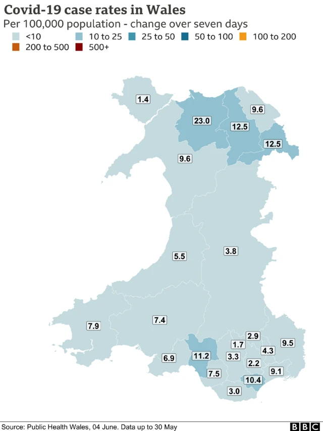 Map of coronavirus case rates in Wales