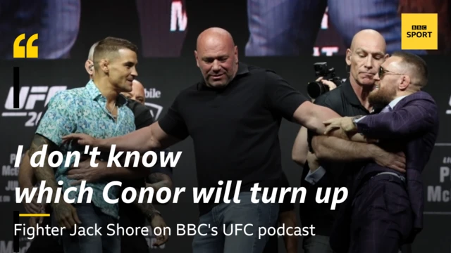 Picture of Dustin Poirier and Conor McGregor at the UFC 264 pre-fight press conference with a quote from Jack Shore