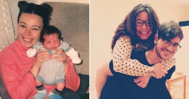 Elisabetta Zamboni with son Andrew Gray as a baby in 1996, and the football fans pictured together in 2021