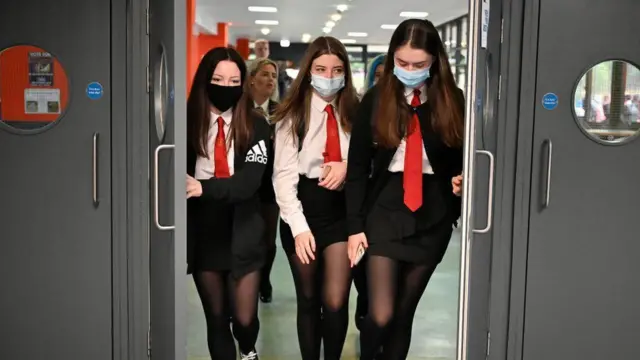 School pupils wearing masks