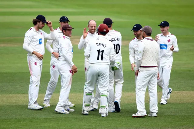 Somerset celebrate Jack Leach's wicket.