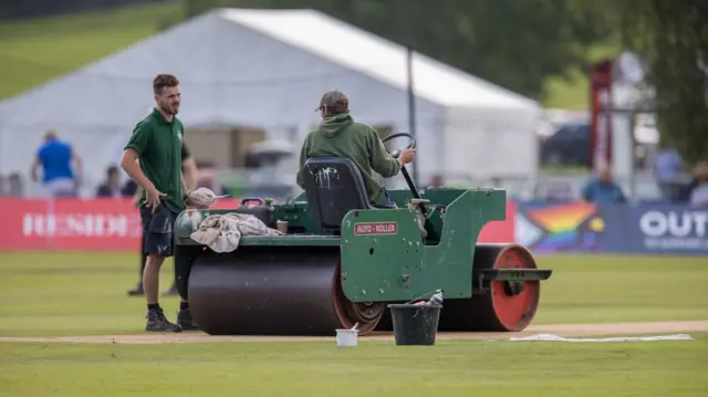 Groundstaff prepare the pitch for Middlesex v Leicestershire.