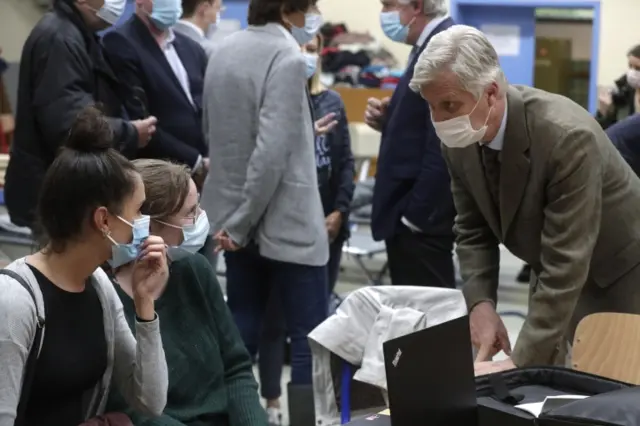 King Philippe of Belgium visits a crisis center for people who need shelter after flood, in Chaudfontaine,