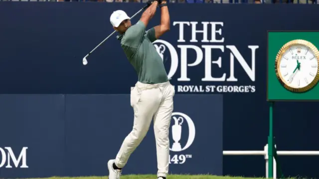 Aaron Rai tees off at his first Open, at Sandwich