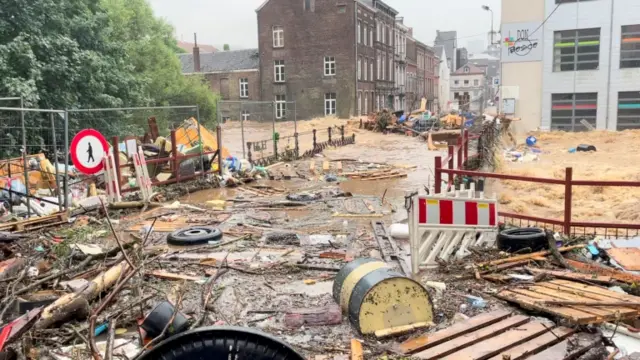 Debries on a flooded street in Verviers, Belgium. Photo: 15 July 2021