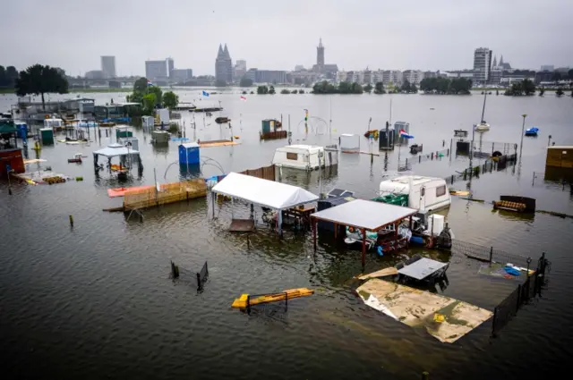 Image taken with a drone shows caravans and campers under water at the De Hatenboer campsite in Roermond, Netherlands